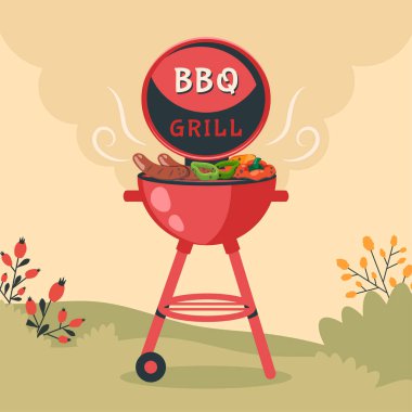 Barbekü partisi. Barbekü arka planında Brezilya, ızgara, biftek, et yemeği, evde ızgara sebze. Pankart, tatil kartı, yaz pikniği, broşür, reklam, poster için vektör çizimi 