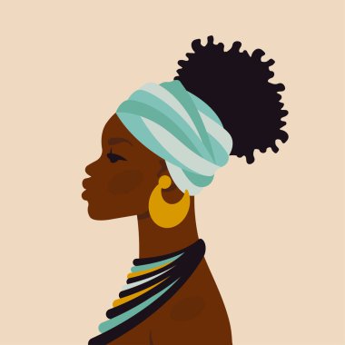 Afrikalı güzel kadın. Ulusal elbiseli, süslü, türbanlı kadın etnik karakter. Portre sanatı. Avatar, kart, moda ve güzellik için genç Afrikalı Amerikalı kız. Vektör çizgi film düz illüstrasyon 