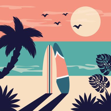 Kumda sörf tahtaları. Tropik peyzaj mahsulü. Yaz sahili geçmişi. Avuç içi siluetleri, egzotik yaprakları, okyanusları, sörfleri olan güzel bir deniz manzarası. Seyahat, kart, tatil tatili, tatil beldesi, poster için vektör dairesi illüstrasyonu