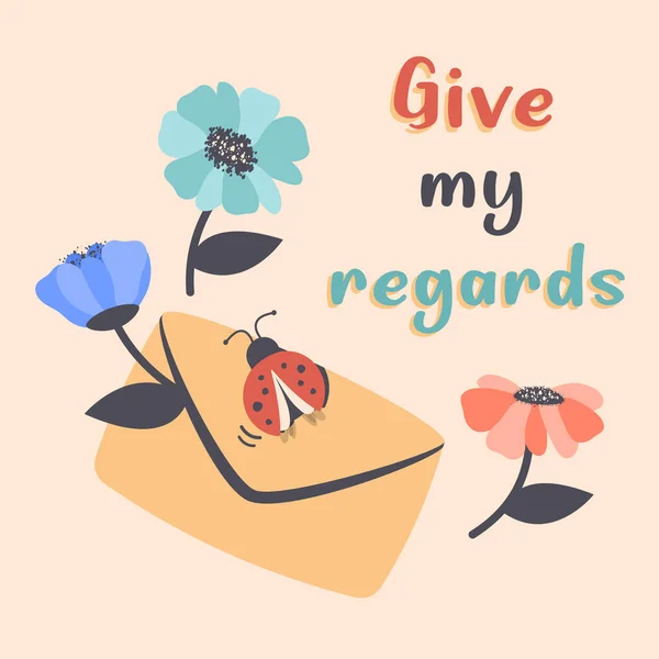 Poštovní Obálka Vzkazem Roztomilá Obálka Krásnými Barevnými Květinami Motýlem Beruškou — Stockový vektor