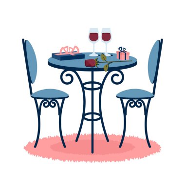 İzole edilmiş iki kişilik güzel romantik yemek. Romantik ortam ve dekorasyon. Sevgililer Günü. Vintage masa, sandalyeler halının üzerinde duruyor, şarap bardakları, gül, hediye kutuları. Vektör çizgi film illüstrasyonu. 