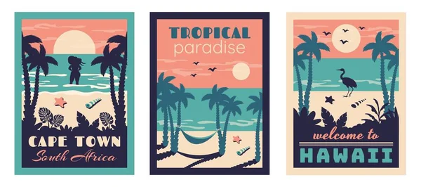 一套夏季海滩古董卡 夏天的背景热带海景与美丽的女孩的轮廓 棕榈叶 火烈鸟 海报等的矢量平面图解 — 图库矢量图片