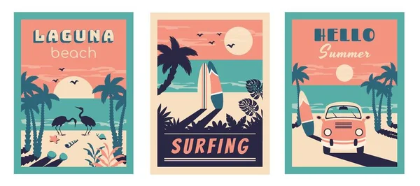 Set Summer Beach Vintage Card Summer Background Tropical Seascape Silhouettes — Stock vektor