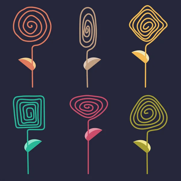 Verschiedene Abstrakte Trendige Farbe Blumen Isoliert Sammlung Moderner Spiralförmiger Geometrischer — Stockvektor