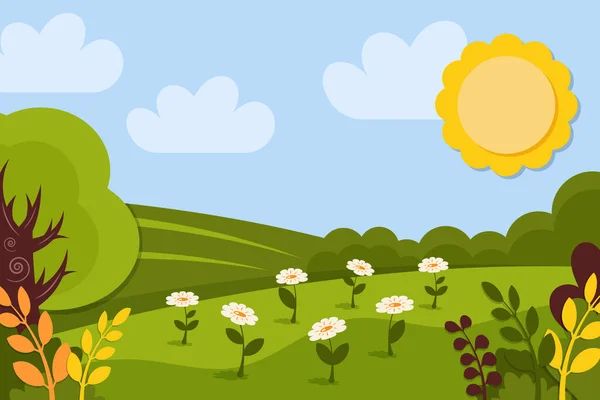 Nature background. Green meadow, daisy flowers, foliage, trees, sky, cloud, grass. Nature landscape template. Summer spring design for banner, poster, greeting card. Vector cartoon style