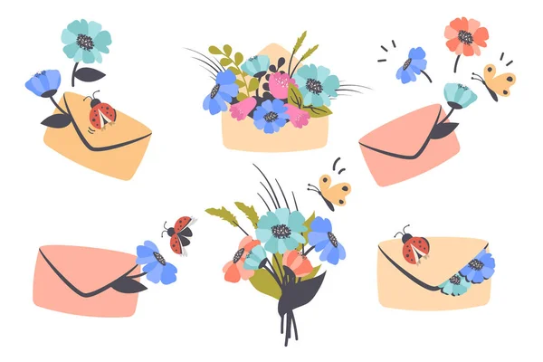 Set Von Niedlichen Briefumschlag Mit Grußbotschaft Schöne Bunte Blumen Schmetterling — Stockvektor