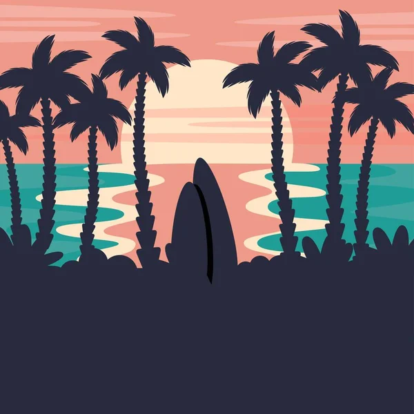 夕阳西下的海滩 老式风格 夏季海滩背景 美丽的海景与热带棕榈叶的轮廓 冲浪板 古董卡 招贴画等方面的矢量卡通画 — 图库矢量图片