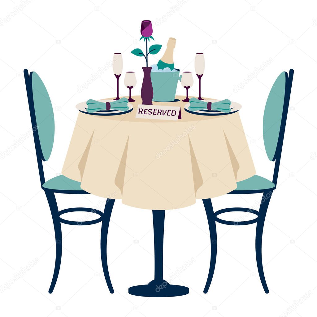 Beautiful romantic dinner. Romantic setting. Reserved table for two. Table with white tablecloth, chairs, cutlery, glasses, champagne, champagne bucket, rose. Vector cartoon illustration isolated 