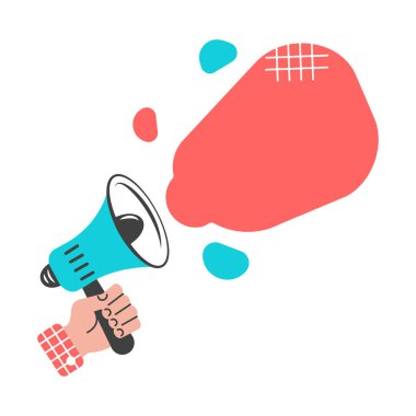 Megafon. İnsan eli hoparlörü tutuyor. Duyuru, reklam ve iş şablonu. Önemli mesaj kavramı. Vektör illüstrasyonu.