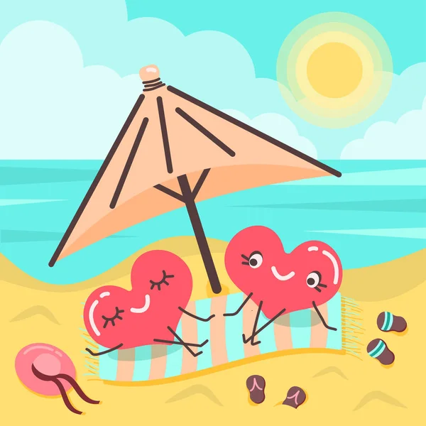 Two cute hearts in love are sitting on the beach under the umbrella. Romantic time concept. Trips. Couple in love. Vector illustration in cartoon style