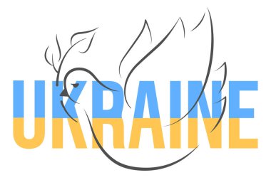 Ukrayna için dua et. Elinde zeytin yaprağı tutan uçan kuş. Barış sembolü. Savaş konsepti yok. Ukrayna 'yı destekleyin. Ukrayna 'nın sembolleri. Çizgi çalışması. Vektör düz resimleme