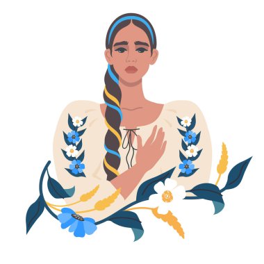 Ulusal kıyafetler içinde güzel bir Ukraynalı kız. Üzgün Kadın, birlik işareti olarak el ele tutuşup Ukrayna 'ya dua ediyor. Ukrayna bayrağının renkleri. Savaş yok. Vektör düz resimleme