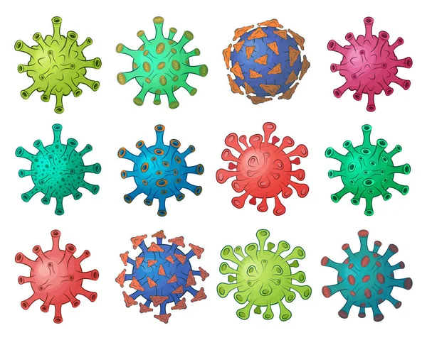 Coleção Coronavírus Vírus Coloridos Bactérias Isoladas Fundo Branco Vírus Humano —  Vetores de Stock