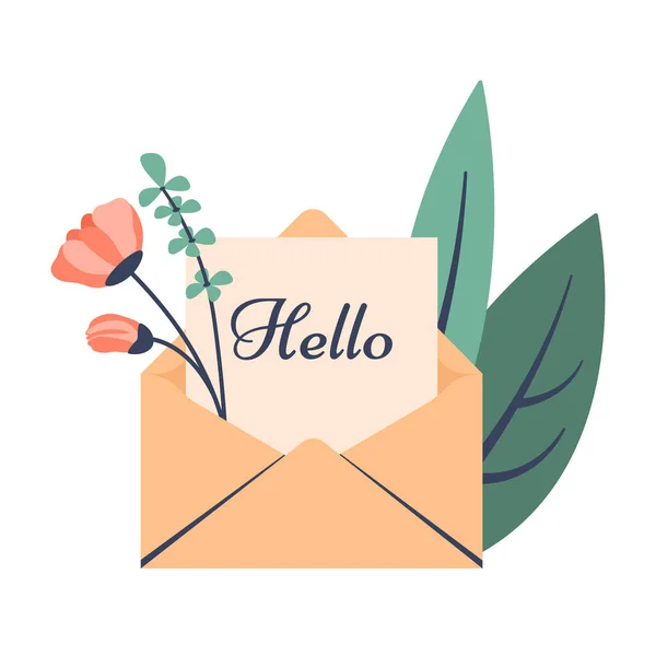 Dopis Pozdrav Otevřená Obálka Dopisem Krásné Jarní Květiny Listy Koncept — Stockový vektor