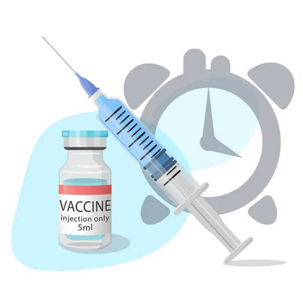 ワクチンを接種する時間だ ワクチン ワクチンボトル アンプルやクロック中の抗ウイルスワクチンでシリンジします 予防接種 健康管理の概念 医療保護 ベクトル平図 — ストックベクタ