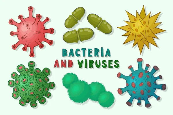 病原病毒 微生物 在光背景下被分离的微生物 彩色卡通病毒和带有明亮多色纹理的细菌的集合 载体平面图解 — 图库矢量图片