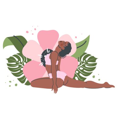 Güzel yoga kadını doğa arka planında izole edilmiş. Yogalı genç siyah kız poz veriyor. Meditasyon ve nefes alma pratiği. Sağlıklı yaşam tarzı ve spor için vektör düz çizgi film çizimi
