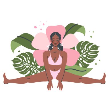 Güzel yoga kadını doğa arka planında izole edilmiş. Yogalı genç siyah kız poz veriyor. Meditasyon ve nefes alma pratiği. Sağlıklı yaşam tarzı ve spor için vektör düz çizgi film çizimi