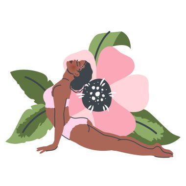 Güzel yoga kadını doğa arka planında izole edilmiş. Yogalı genç siyah kız poz veriyor. Meditasyon ve nefes alma pratiği. Sağlıklı yaşam tarzı ve spor için vektör düz çizgi film çizimi