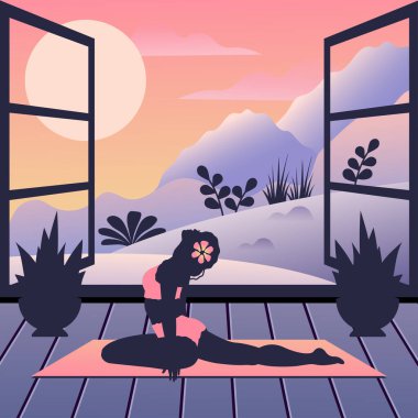 Evde güzel bir yoga kadını var. Yogalı genç kızın silueti içeride geriliyor. Kadın karakter odada meditasyon ve nefes alma pratiği yapıyor. Sağlıklı yaşam tarzı ve spor için vektör düz gradyan çizimi