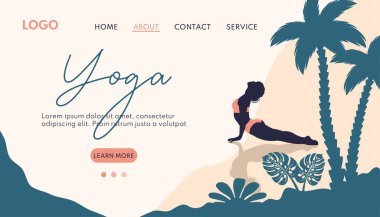 Yoga afişi. Plajda mayo giymiş güzel yoga kızı silueti. Kadın karakter meditasyon yapıyor, dışarıda nefes alma pratiği yapıyor. Sağlıklı yaşam tarzı, poster ve web sitesi için vektör düz çizim