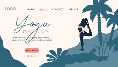 Yoga afişi. Plajda mayo giymiş güzel yoga kızı silueti. Kadın karakter meditasyon yapıyor, dışarıda nefes alma pratiği yapıyor. Sağlıklı yaşam tarzı, poster ve web sitesi için vektör düz çizim