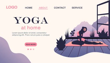 Yoga afişi. Evdeki güzel yoga kadınının silueti. Kadın karakter meditasyon yapıyor, içeride nefes alma pratiği yapıyor. Sağlıklı yaşam tarzı, poster ve web sitesi için vektör düz çizim