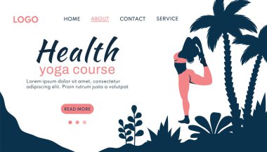 Yoga afişi. Doğadaki güzel yoga kızının silueti. Kadın karakter meditasyon yapıyor, dışarıda nefes alma pratiği yapıyor. Sağlıklı yaşam tarzı, poster ve web sitesi için vektör düz çizim