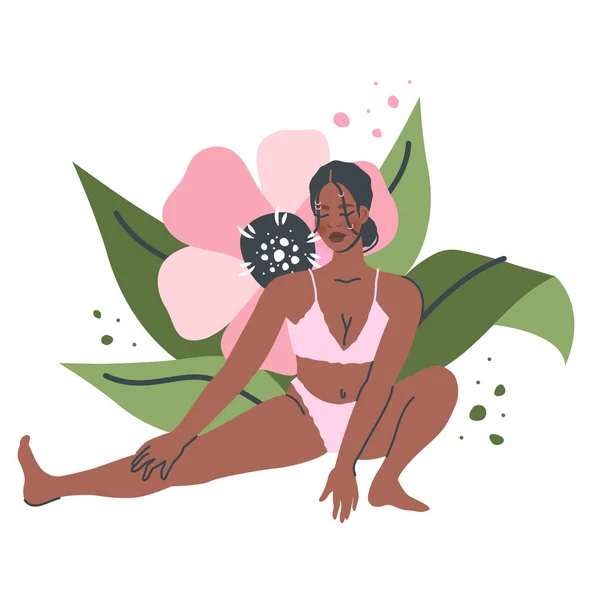 自然の中で孤立した美しいヨガの女性 ヨガポーズの若い黒人女の子が伸びます 瞑想と呼吸法 健康的なライフスタイルのためのベクトルフラット漫画イラスト スポーツ — ストックベクタ