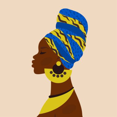 Afrikalı güzel kadın. Ulusal elbiseli, süslü, türbanlı kadın etnik karakter. Portre sanatı. Avatar, kart, moda ve güzellik için genç Afrikalı Amerikalı kız. Vektör çizgi film düz illüstrasyon 