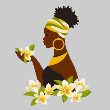 Genç, güzel siyah kadın. Plumeria çiçekli Afrikalı Amerikalı kız. Ulusal giysili kadın etnik karakter. Portre sanatı. Vektör çizgi film düz Görüntü Avatar, moda, kart