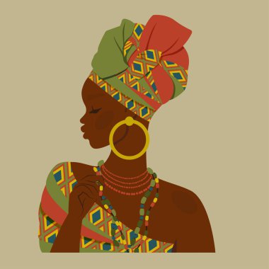 Afrikalı güzel kadın. Ulusal elbiseli, süslü, türbanlı kadın etnik karakter. Portre sanatı. Avatar, kart, moda ve güzellik için genç Afrikalı Amerikalı kız. Vektör çizgi film düz illüstrasyon 