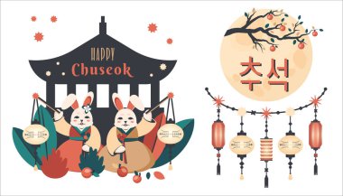 Set Happy Thanksgiving Day in Korea. Happy Chuseok. Chinese Mid-Autumn Festival. Korean colorful greeting card for celebrations in Asia. Cute bunny, moon, tree, stars, text template. Vector  cartoon illustration 