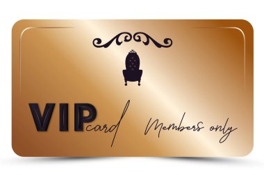 Gold elegant vip card. Modern business card for members only with 3d text, crown, silhouette of vintage throne. Luxury background. Vector illustration for loyalty, bonus card, gift certificate