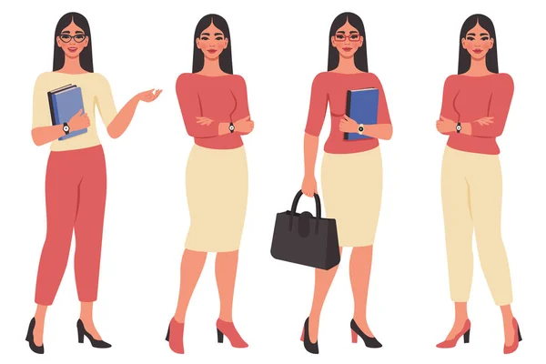 Collection Beautiful Young Women Female Flat Character Different Poses Businesswoman — Stockvector