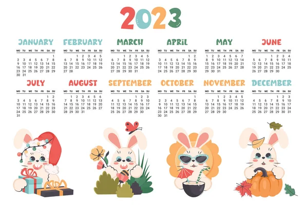 Calendar 2023 Horizontal Planner Cute Bunny Different Seasons Cartoon Character — Stock Vector