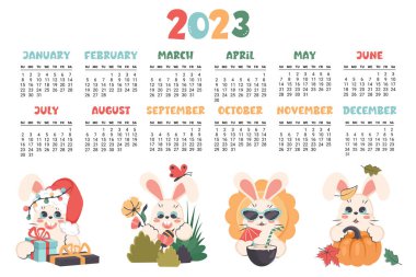 Calendar 2023. Horizontal planner with cute bunny in different seasons. Cartoon character rabbit as symbol of new year. Week starts on Sunday. Vector flat illustration