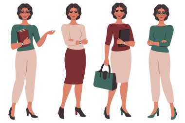 Set of onfident beautiful young women in different poses. School or college teacher, office worker, successful businesswoman. Female flat character. Education, study, business concept. Vector illustration 