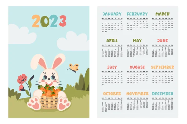 Calendar 2023 Vertical Planner Cute Bunny Different Seasons Cartoon Character — Stock Vector