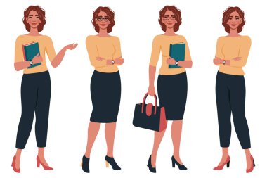 Set of confident beautiful young women in different poses. School or college teacher, office worker, successful businesswoman. Female flat character. Education, study, business concept. Vector cartoon illustration 