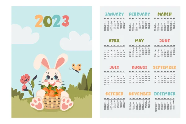 Calendar 2023 Each Month Vertical Planner Cute Bunny Cartoon Character — Stock Vector