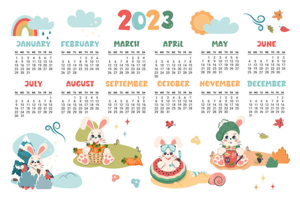 Calendar 2023. Horizontal planner with cute bunny in different seasons.  Cartoon character rabbit  as symbol of new year. Week starts on Sunday. Vector flat illustration