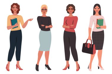 Set of confident beautiful young women in different poses. School or college teacher, office worker, successful businesswoman. Female flat character. Education, study, business concept. Vector  illustration 
