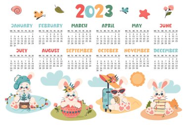 Calendar 2023. Horizontal planner with cute bunny in different seasons.  Cartoon character rabbit  as symbol of new year. Week starts on Monday. Vector flat illustration