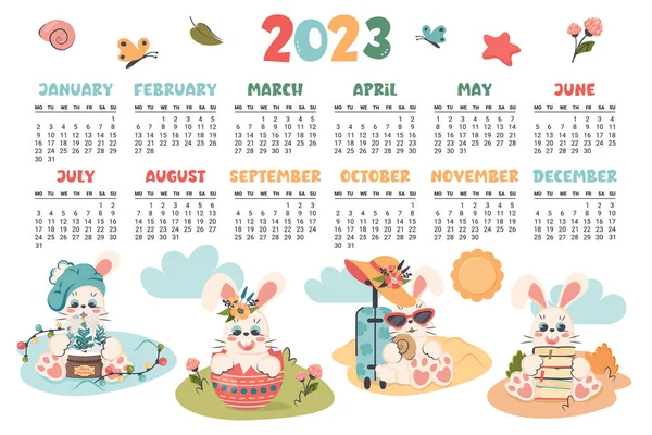 Calendar 2023 Horizontal Planner Cute Bunny Different Seasons Cartoon Character — Stock Vector