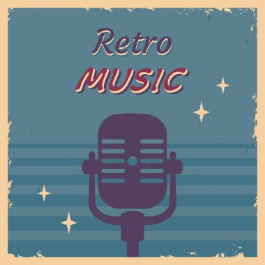 Müzik partisi için geçmişe dönük şablon. Canlı müzik festivali. Eski mikrofon, metin, grange desenli klasik arka plan. 1980 'ler ve 1970' lerdeki olayın reklamı. Pankart, broşür, disko partisi, festival, davetiye için vektör illüstrasyonu. 