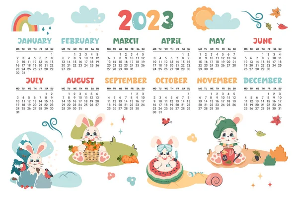 Calendar 2023 Horizontal Planner Cute Bunny Different Seasons Cartoon Character — Wektor stockowy
