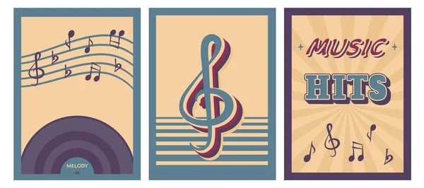 Retro Music Poster Set Vintage Background Musical Disc Notes Lettering — Stock Vector
