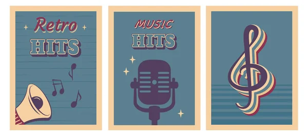 Retro Music Poster Set Vintage Background Musical Notes Microphone Loudspeaker — Stock Vector
