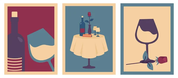 Set Von Vertikalen Retro Postern Mit Restauranttisch Wein Glas Blume — Stockvektor